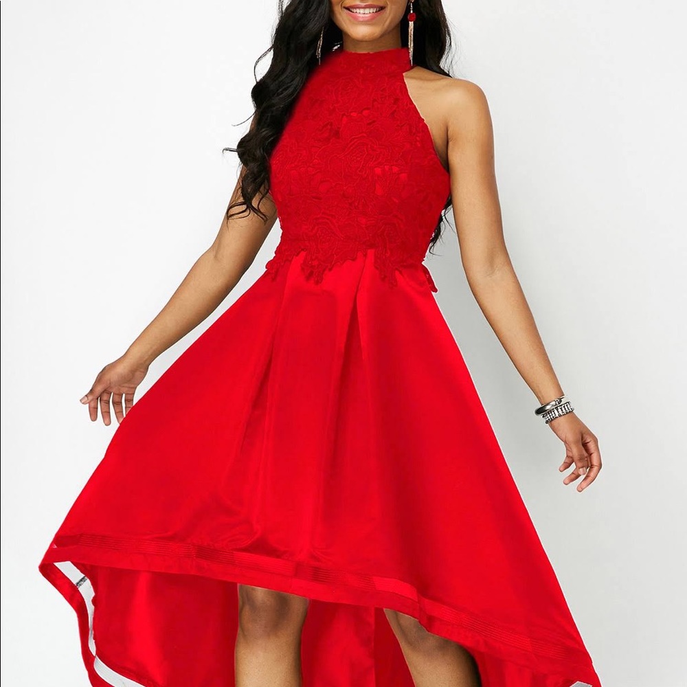 Lace Panel Wine Red Sleeveless high-low dress